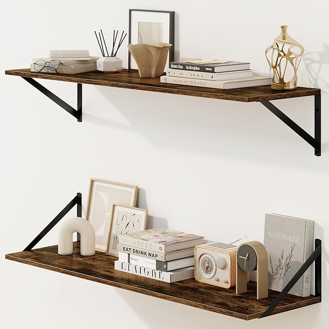Fun Memories Deep Floating Shelves for Wall, 36W x 8D Wall Mounted Shelves Set of 2, Wide Display Ledge Shelf with Sturdy Metal Brackets for Living Room, Bathroom, Bedroom and Kitchen, Rustic Brown