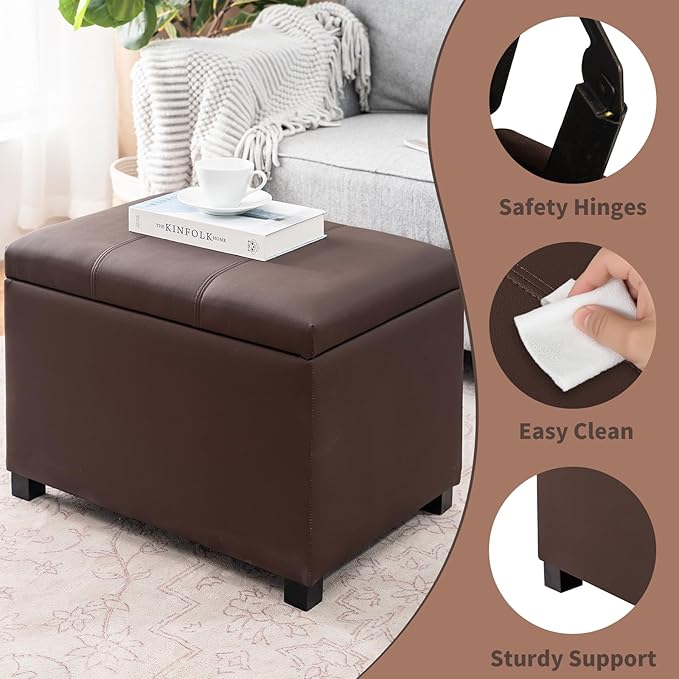 Joveco 24" Leather Storage Ottoman Bench, Rectangle Foot Rest Stool for Living Room, Bedroom, Entryway, Brown