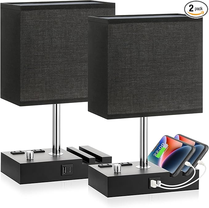 Fully Dimmable Bedside Lamps for Bedroom with USB C Ports, Kakanuo Black USB Table Lamp Set of 2, Wooden Desk Lamp with 2 Charging Outlets and Phone Stand for Nightstand and Living Room, Bulb Included
