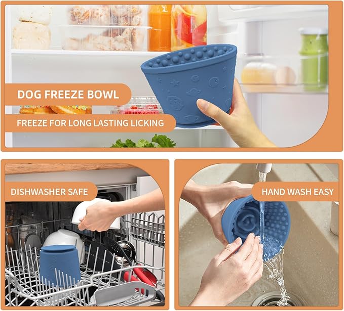 Dog Lick Bowl with Brush and Scraper, Anxiety Relief Silicone Slow Feeder Treat Dispenser, Anti-chocking Pet Dish, Non-Slip Interactive Entertainment Dog Puzzle Toy for Medium & Large-Dark Blue