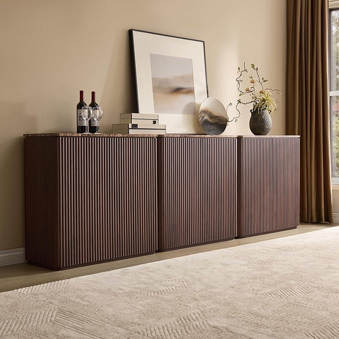 Fluted 2 Doors Sideboard Cabinet with Storage-Wooden Credenza w/Shelves, Faux Marble-Top Coffee Bar Console Table, Modern Buffet Cabinet for Dining, Kitchen, Living Room, Entryway, Dark Oak, 3pcs