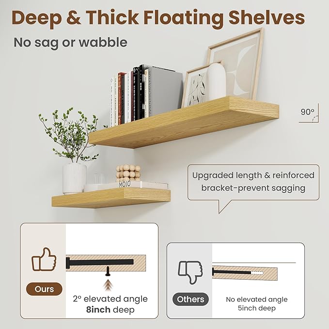 24 Inch Floating Shelves for Wall, 8 Inch Deep Floating Shelf for Storage & Display, Rustic Wall Mounted Shelf with Invisible Brackets for Living Room, Kitchen, Bathroom, Home Decor, Set of 2, Oak