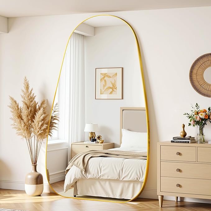 Antok Full Length Mirror, 81"x41" Floor Mirror with Stand,Standing Hanging Leaning Irregular Mirrors for Bedroom Living Room Entryway,Tear Drop Style,Golden