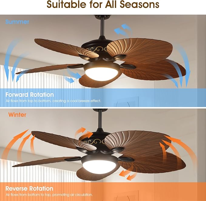 Ceiling Fans with Lights and Remote/APP Control, 52 Inch Tropical Palm Leaf Ceiling Fan with LED Lights, Outdoor Ceiling Fans for Patios Porch, Reversible Quiet Motor, Dimmable, Brown