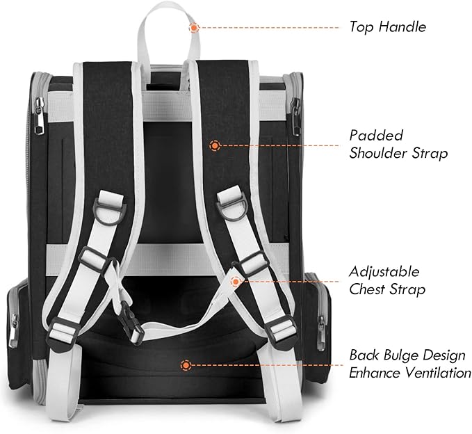 Cat Backpack Carrier, Pet Carrier Backpack with Kitten Wand Feather Toy for Medium Small Dog Cat Puppy Kitty Bunny up to 15lbs, Large Ventilated Mesh Cat Bookbag for Travel Walking Outdoor Use (Black)