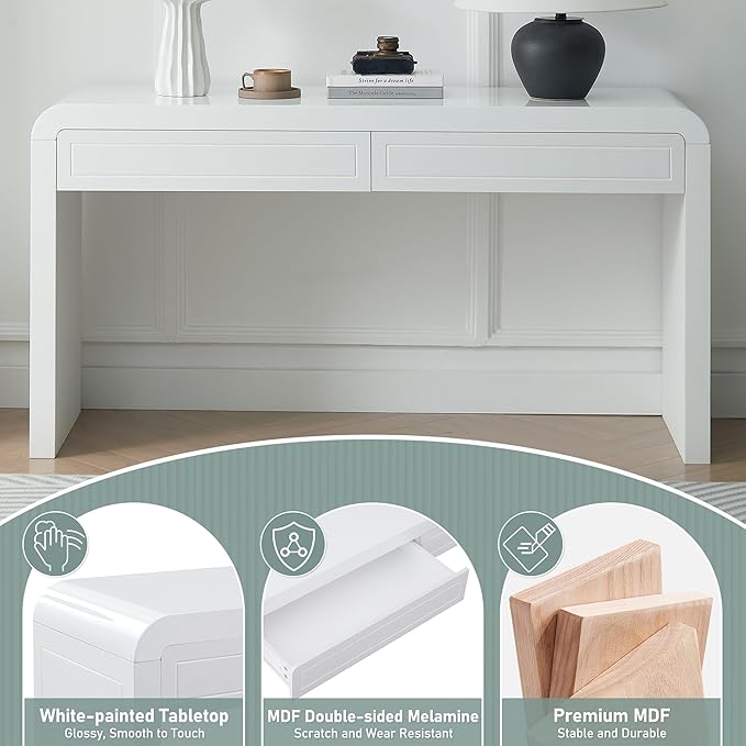 Merax 60" Entryway Console Table with Storage, 2 Drawers with Functional Divider/Retro Curved Design/Behind Couch & Sofa, White