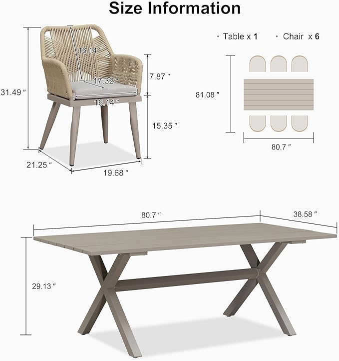 PURPLE LEAF Outdoor Patio Dining Set All-Weather PE Rattan Furniture Set with All Aluminum Frame Rectangular 7 Pieces Table and Chairs Set for 6 People Lawn Garden Backyard Deck, Champagne