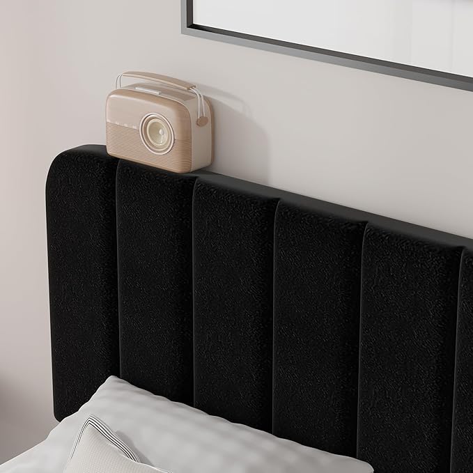 VECELO Queen Size Bed Frame with Upholstered Headboard, Velvet Platform Bedframe Mattress Foundation, Strong Wood Slat Support, No Box Spring Needed,Black