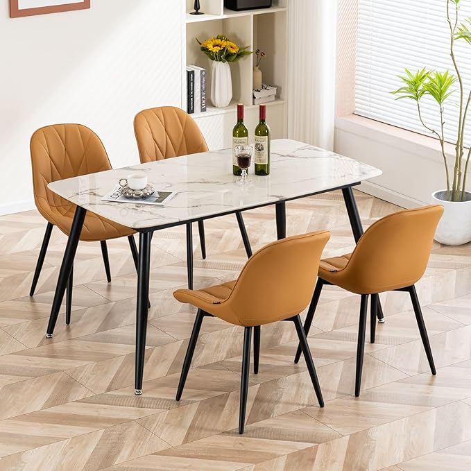 Rowill Modern Dining Chairs Set of 2 - Upholstered Faux Leather Kitchen Chairs with Soft Cushion Backrest, Sturdy Metal Legs & Non-Slip Pads, Perfect for Home Dining Room, Kitchen, Brown Yellow