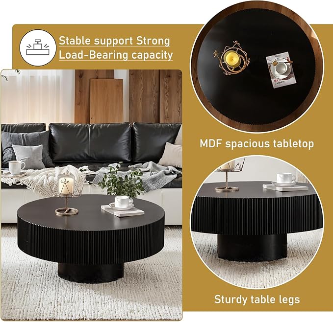Round Drum Coffee Table 30.91" Handcrafted Fluted Drum Coffee Table Mid Century Accent Tables Modern Luxury Circle Center Table Vintage Farmhouse Center Table for Living Room (Black Thick)
