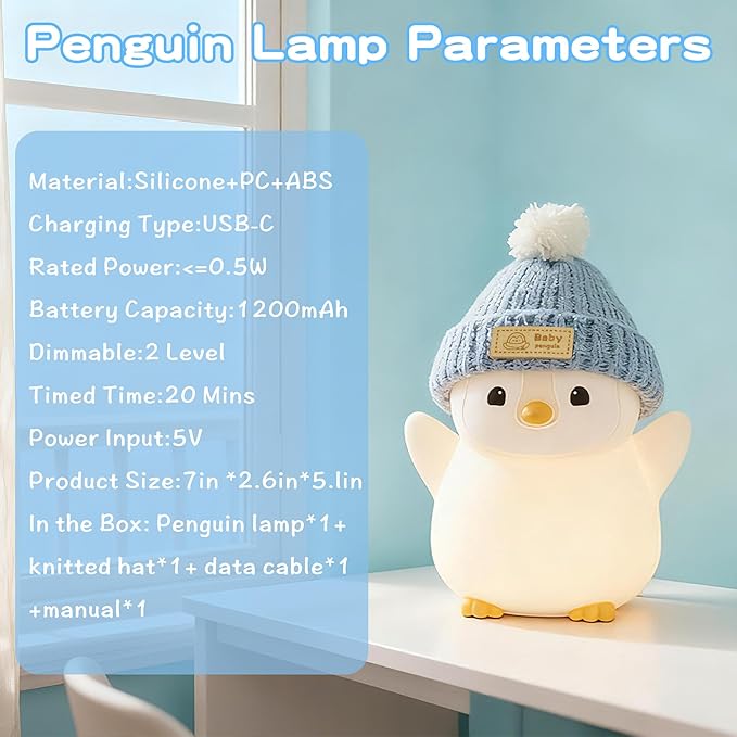 Penguin Night Light for Kids, Adorable Penguin Lamp with Hat, Food Grade Silicone Nursery Nightlight, Rechargeable/Dimmable/Timer,LED Squishy Novelty Animal Bedside Lamp,Funny Gifts for Boys
