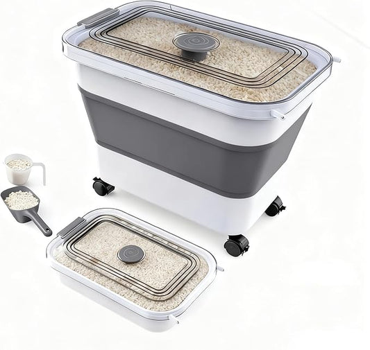 Rice Storage Container, Collapsible Airtight Food Storage Containers 20-30lbs with Clear Lid and Wheels, Rice Dispenser with Scoop for Flour Cereal Pasta Grain, Cat Pet Bird Dog Food Storage Container