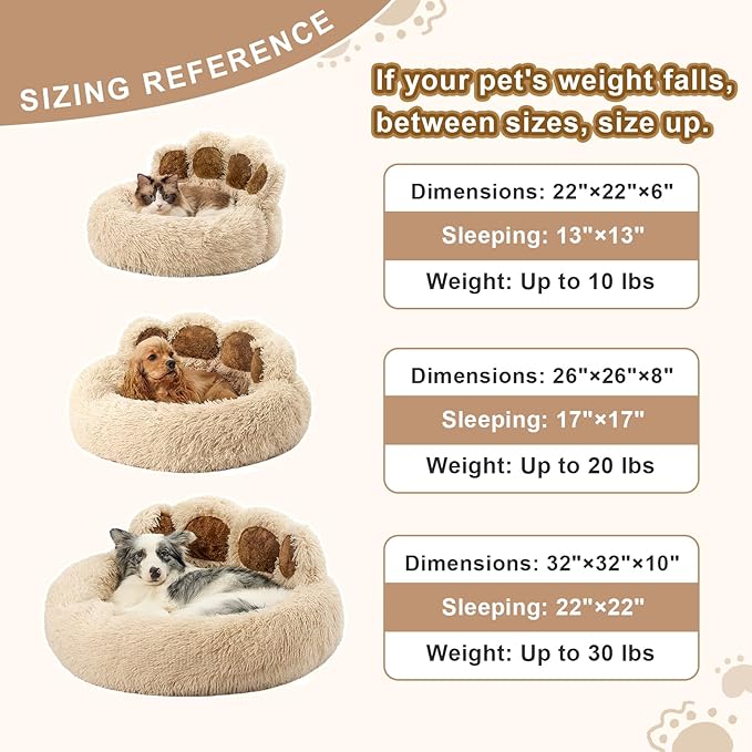 Jiupety Paw Shape Calming Pet Bed, Medium Plush Faux Fur Donut Bed for Dogs & Cats, Machine Washable, Non-Slip Bottom, Extra Large Size (32"×32"×10"), Camel