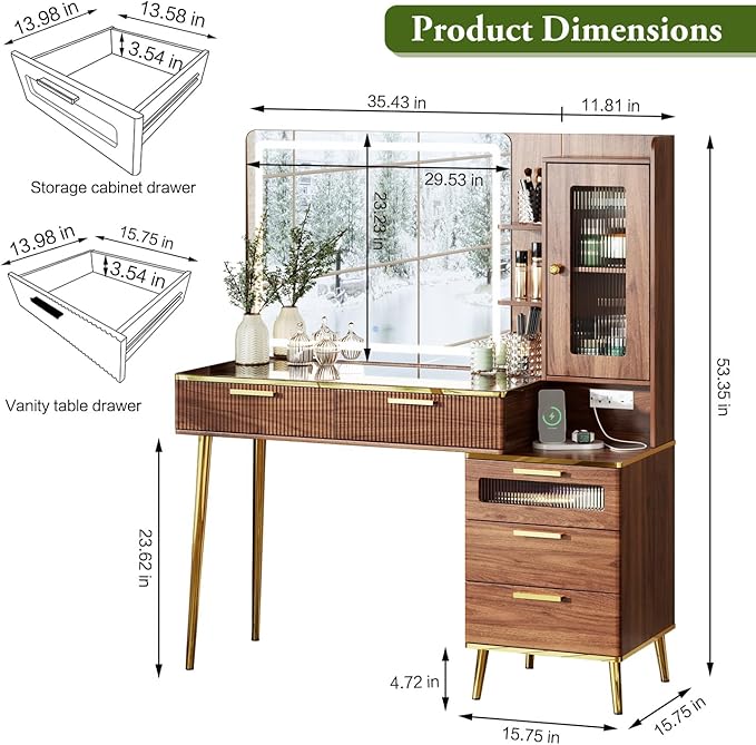 47.24" Big Modern Vanity Desk with Mirror and Lights,Makeup Vanity Desk with 5 Drawers and Storage Shelves & Power Outlet,Dressing Table with Glass Top, Brown