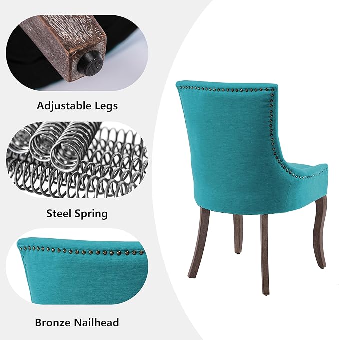Farmhouse Dining Chairs Set of 2, Upholstered Fabric Dining Room Accent Chairs with Wood Legs & Bronze Nailhead, High Wingback Kitchen Chairs for Living Room Hotel Apartment, Blue