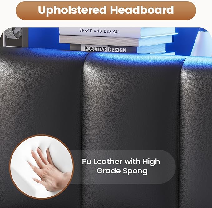 AOGLLATI King Size Bed Frame with 4 Storage Drawers, Black King Bed Frame Wood with Charging Station (Type-C and USB), Led Light and Hidden Bookcase Headboard, Black