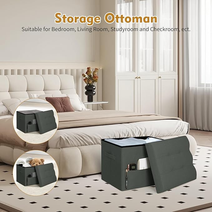 Small Ottoman with Storage, Foldable Ottoman Foot Rest Stool with Thicker Foam Padded Seat. Linen Storage Bench for Bedroom Living Room, Holds Up to 300 lbs, 17x13x13IN(Black Green)