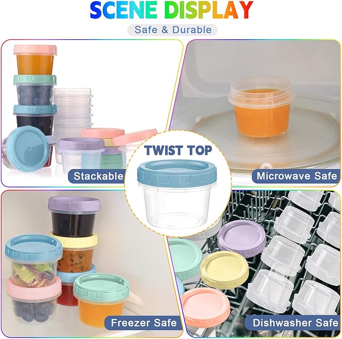 12pcs 4 oz Plastic Containers with Screw Lids, Reusable 1/2 Cup Small Food Storage Containers, Leakproof, Microwave Dishwasher Freezer Safe, with Pen and Brush