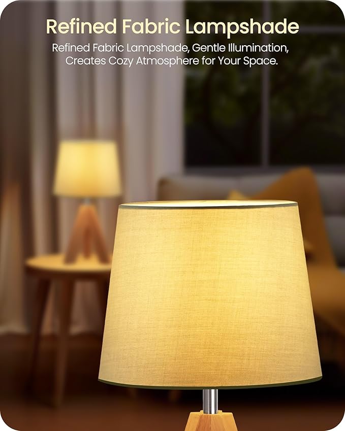 Tripod Table Lamp, Small Bedside Lamp with Wood Base & Green Fabric Shade, Little Cute Desk Lamp, Modern Nightstand Lamp for Bedroom, Kids Room, Living Room, Office, Corner, Green J51TL05