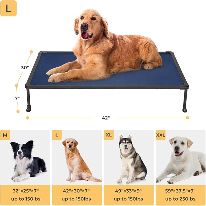 Veehoo Chewproof Elevated Dog Bed - Cooling Raised Pet Cot, Breathable Mesh, Washable & Non-Slip for Large Dogs, Indoor/Outdoor, Blue Mat and Black Frame, 42x30inches (Model CWC2203A03)