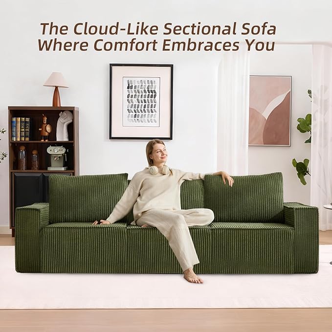 102” Boneless Modular Couch, 3 Seater Cloud Sofa for Living Room, Modern Sectional Sofa with Deep Seat, Comfy Fluffy Loveseat Couch, No Assembly Required, Green