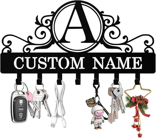 Personalized Key Holder Wall Mount, Custom Metal Keys Hanger for Wall with Name, Name Background Letter Theme Key Rack Holder with Hooks for Home, Entryway, Front Door, Living Room, Kitchen, Bathroom