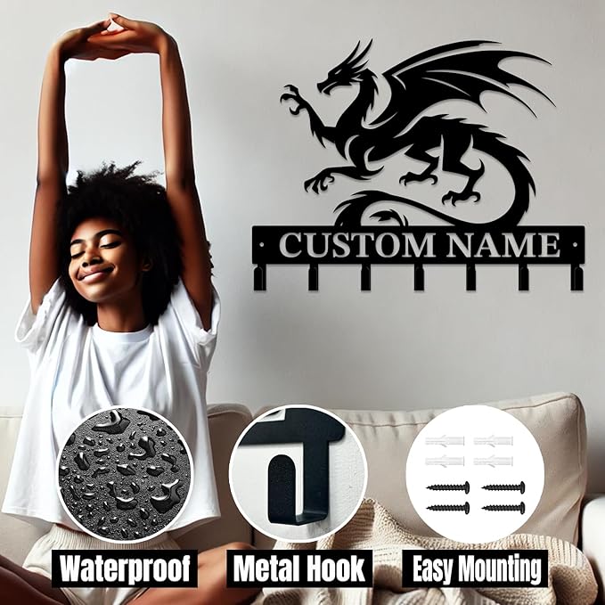 Personalized Evil Dragons Keys Hooks,Custom Name Metal Dragons Art Keys Hooks,Metal Dragons Lover Wall Home Storage Decorative Keys Hooks,Key Holder Hooks for Wall (Style B)