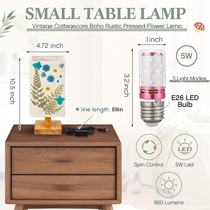 Hortsun Pressed Flower Lamp Vintage Table Small Lamp Cottagecore Decor Boho Night Light Decorative Rustic Night Light for Bedroom, Living Room or Office, Christmas Gift for Women(Square Style)