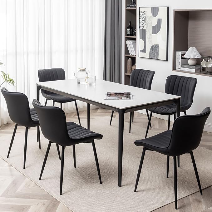 Leather Dining Chairs Set of 6, Upholstered Dining Room Chairs with Metal Legs, Modern Dining Chair for Dining Room, Kitchen (Black)