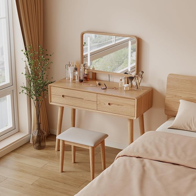 Solid Wood Vanity Desk with Mirror and Lights,Adjustable Height and Brightness, Makeup Vanity with 3 Drawers,Semi-Assembled,Dressing Table for Bedroom (Natural)