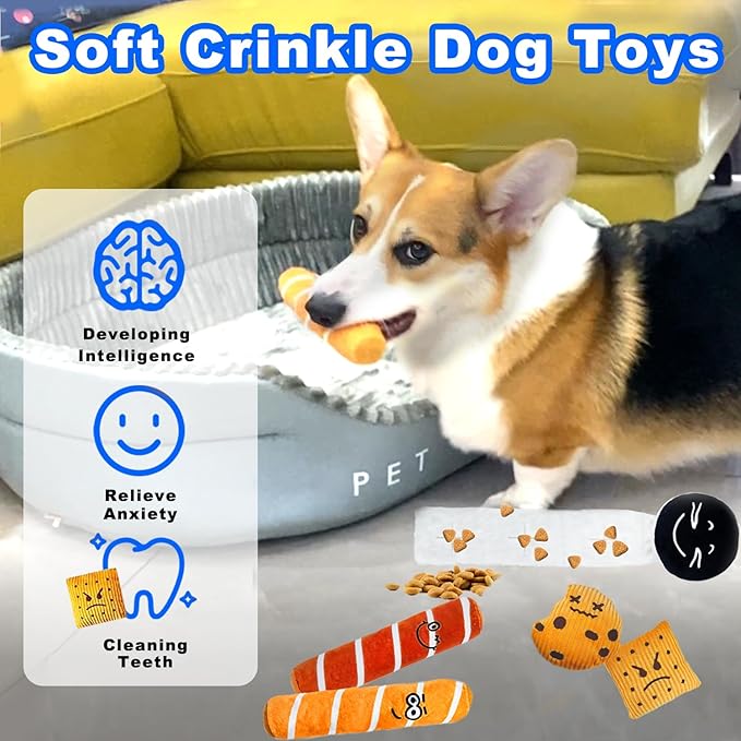 Treat Dispensing Dog Toys, Crinkle Squeaky Interactive Dog Toys, Enrichment Treat Puzzle Pet Toys for Medium, and Large Dogs (Cookie)