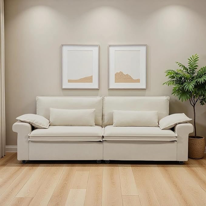 94 Inch Sofa, Oversized Couch with Wide Arms, Modern 3-Seater Sofa w/Throw Pillows, Chenille Fabric, Deep Seat Cushion, Easy Assembly, Comfy Couch for Living Room, Apartment, Office, Beige