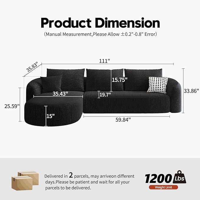 111" Modular Sectional Couches Luxury Modern Curved Back Sofa,Minimalist Comfy L-Shape Boneless Cloud Couch for Living Room Apartment,(Left Facing Chaise,Black)