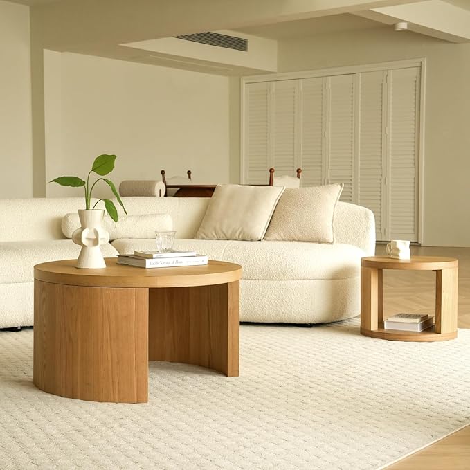 Round Nesting Coffee Table Set of 2, 31.5" Large and 18" Small Low Tables, Modern Wood Grain Tables for Living Room, Brown