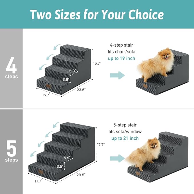 Slope Dog Stairs 15.7" H, Pet Steps for Couch Sofa Chair, Ramp for Small Dogs Puppy Cats Seniors with Removable Washable Cover, 4 Step, Charcoal Grey