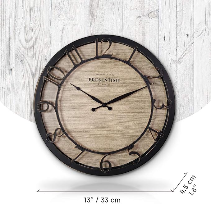 Presentime & Co 13" Farmhouse Series Wall Clock, Quartz Movement, Shiplap Style,Raised 3D Arabic Numeral, Oil Rubbed Bronze