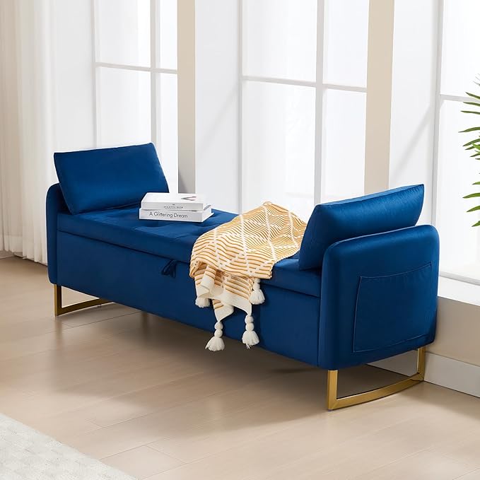 65" Storage Ottoman Bench, End of Bed Storage Bench King Size with Tufted Button Upholstered and Gold Legs, Bedroom Benches with Armrests for Living Room Window and Entryway, Navy Blue