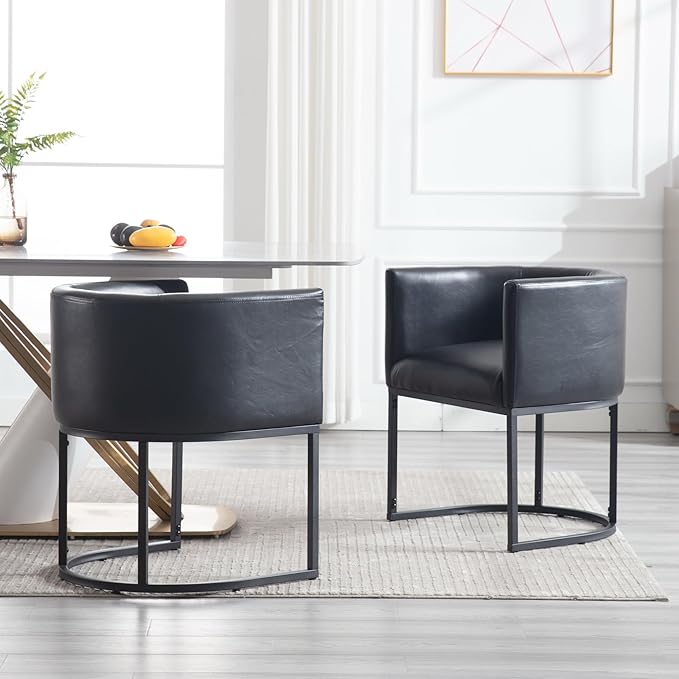 Faux Leather Dining Chairs Set of 2 Modern Barrel Arm Chairs with Black Metal Frame, Upholstered Kitchen Chairs 18.5" Wide Accent Chair for Living Room Dining Room Restaurant, Black