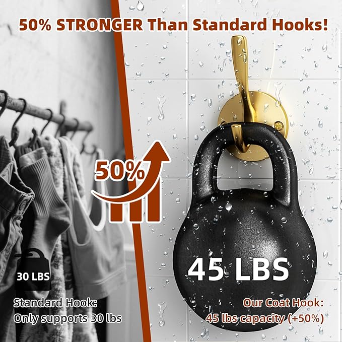 ZUONAI Gold Bathroom Towel Hooks Gold Coat Hooks 2 Pack Heavy Duty Brushed Towel Hooks Screws Solid Brass Wall Hooks for Hanging Coats, Hats, Jacket, Clothing and Keys in Bedroom Bathroom