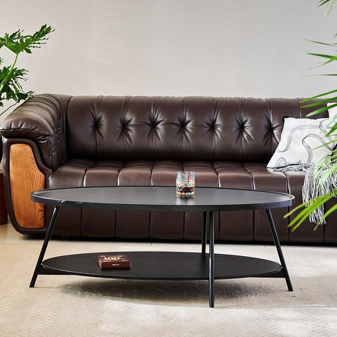 AGV Oval Coffee Table with Shelf Storage, 2-Tier Black Wood Finish Center Table for Living Room, Modern Asymmetrical Metal Legs, Raised Edge Sofa Table