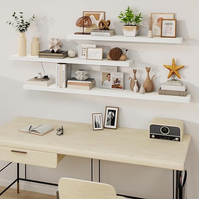 Fun Memories Floating Shelves for Wall, 55Inch Floating Shelves Set of 2, Hanging Shelf with Invisible Brackets, Wood Shelves for Living Room, Bedroom, Kitchen, White