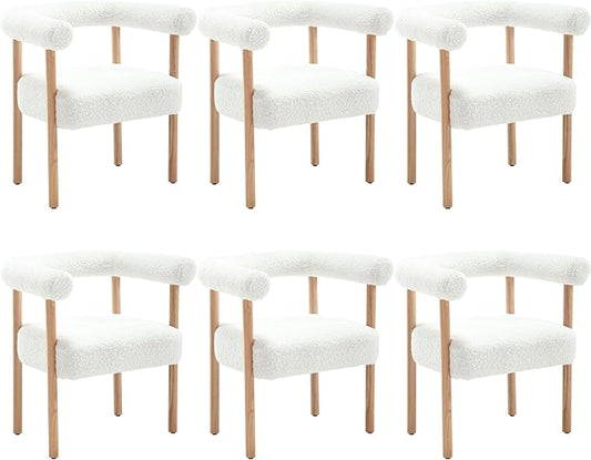 Mid-Century Modern Dining Chairs Set of 6, Armrest Barrel Dining Chairs Side Accent Chairs with Curved Back, Upholstered Wood Armchairs for Kitchen/Dining Room, Sherpa White