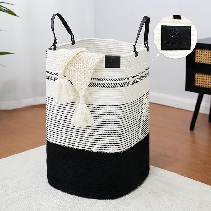 danpinera 100L Nursery Hamper, Tall Woven Laundry Basket with Long Leather Handles, Boho Laundry Hamper for Living Room & Bedroom, Eco-friendly & Convenient Decorative Storage Basket, White & Black