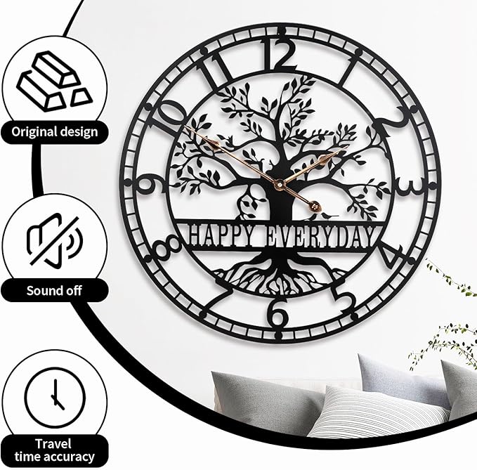 Tree of Life Wall Clock,Metal Black Large Wall Clock, 24inch Oversized Wall Clock for Living Room Bedroom Home Decor,Silent Mid-Century Clock,Modern Family Tree Clock