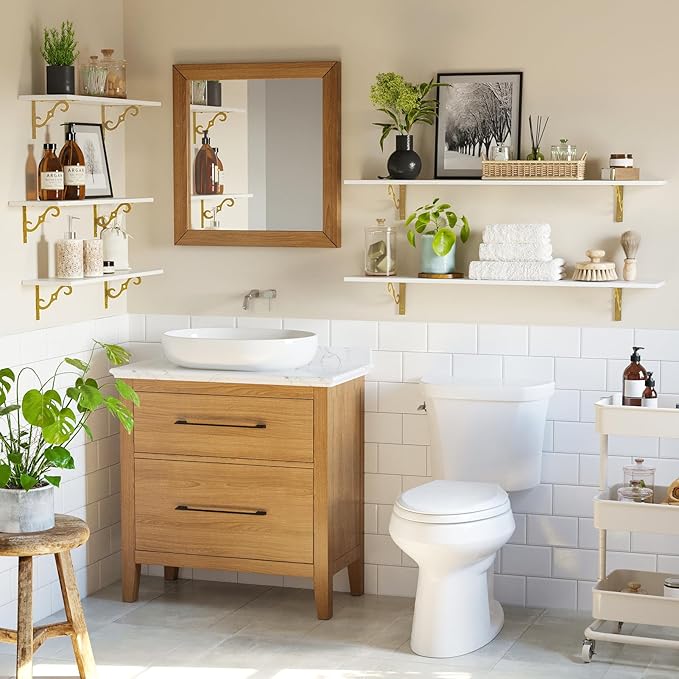 DINZI LVJ Long Wall Shelves, 31.5" Large Floating Shelves Set of 4, Farmhouse Display Shelf Wall Mounted with Heavy Duty Bracket, Easy Assembly for Kitchen, Bathroom, Bedroom, Balcony, White and Gold