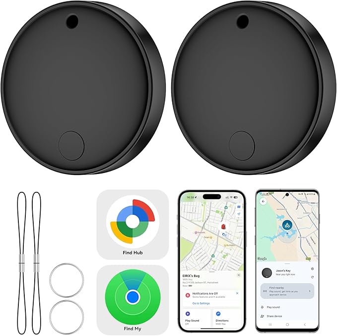 Dual System Smart Tag Tracke for iOS and Android, Smart Bluetooth Tracker Work with Apple Find My or Google Find Hub App, Keys Finder Item Locator, IP67 Waterproof (Black, 2 Pack)