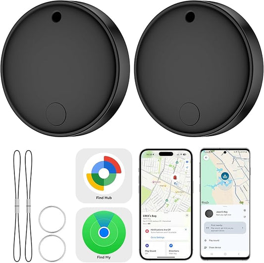 Dual System Smart Tag Tracke for iOS and Android, Smart Bluetooth Tracker Work with Apple Find My or Google Find Hub App, Keys Finder Item Locator, IP67 Waterproof (Black, 2 Pack)
