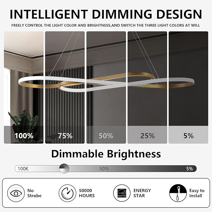 Gold Led Chandeliers for Dining Room Light Fixture Modern Led Pendant Light Kitchen Island Lighting for Kitchen Island Chandelier Over Table, Dimmable Adjustable Height Pendant Light Ceiling Hanging