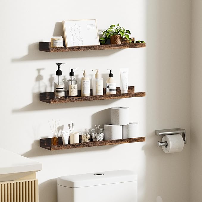 upsimples Floating Shelves for Wall, 23.6 Inch Shelves for Decor Storage Set of 6, Wall Mounted Wood Shelf for Bedroom, Living Room, Bathroom, Kitchen, Long Picture Ledge Shelves, Brown