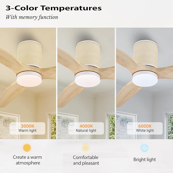 52" Ceiling Fan with Light - Low Profile Flush Mount Ceiling Fan, 6-Speed Remote Control, Solid Wood, Quiet Reversible DC Motor, Boho Style, for Bedroom, Living Room, Porch, Light Oak/White